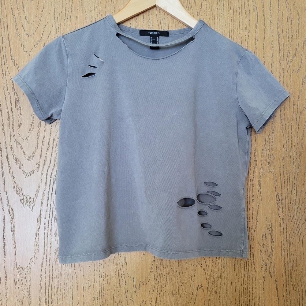 Forever 21 distressed cut up grey crop/boxy tee Size S.